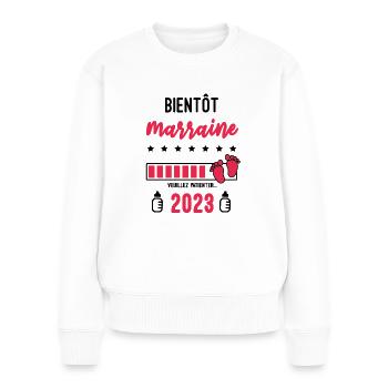 Bientôt Marraine 2023 Annonce grossesse Marraine - Pull Premium bio Femme - blanc - Devant - Julia (174cm)