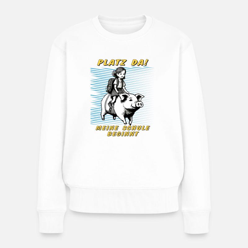 SCHWEIN KIND MÄDCHEN SCHULE BEGINNT - Frauen Premium Bio Pullover - Weiß