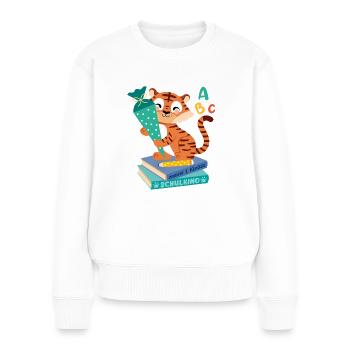 Tiger mit Schultüte auf Bücherstapel - Frauen Premium Bio Pullover - Weiß - Vorne - Julia (174cm)