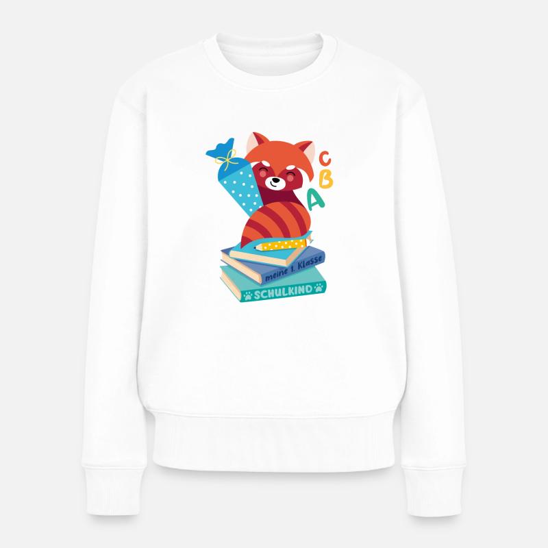 roter Panda mit Schultüte auf Bücherstapel - Frauen Premium Bio Pullover - Weiß