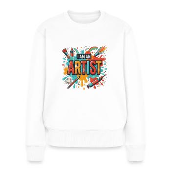 Idée cadeau d’artiste pour graphistes et artistes - Pull Premium bio Femme - blanc - Devant - Julia (174cm)