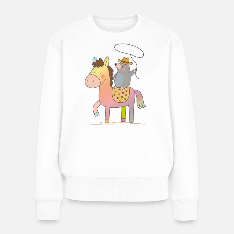 Fröhlicher Maulwurf reitet auf buntem Pferd - Frauen Premium Bio Pullover - Weiß