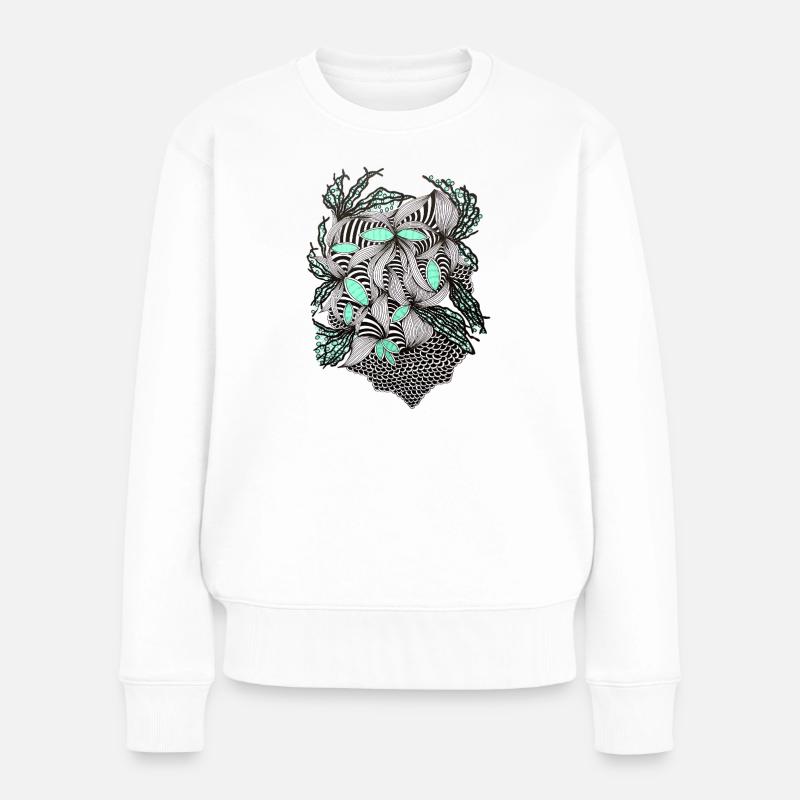 Linienblumen Muster Mintakzent - Frauen Premium Bio Pullover - Weiß