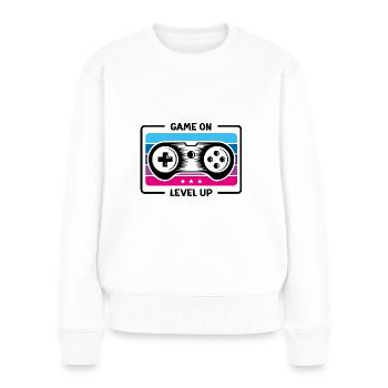Game on level up in schwarz - Frauen Premium Bio Pullover - Weiß - Vorne - Julia (174cm)