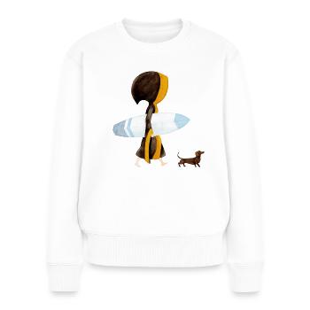 Münchner Kindl "Eisbach Surfer" mit Dackel - Frauen Premium Bio Pullover - Weiß - Vorne - Julia (174cm)