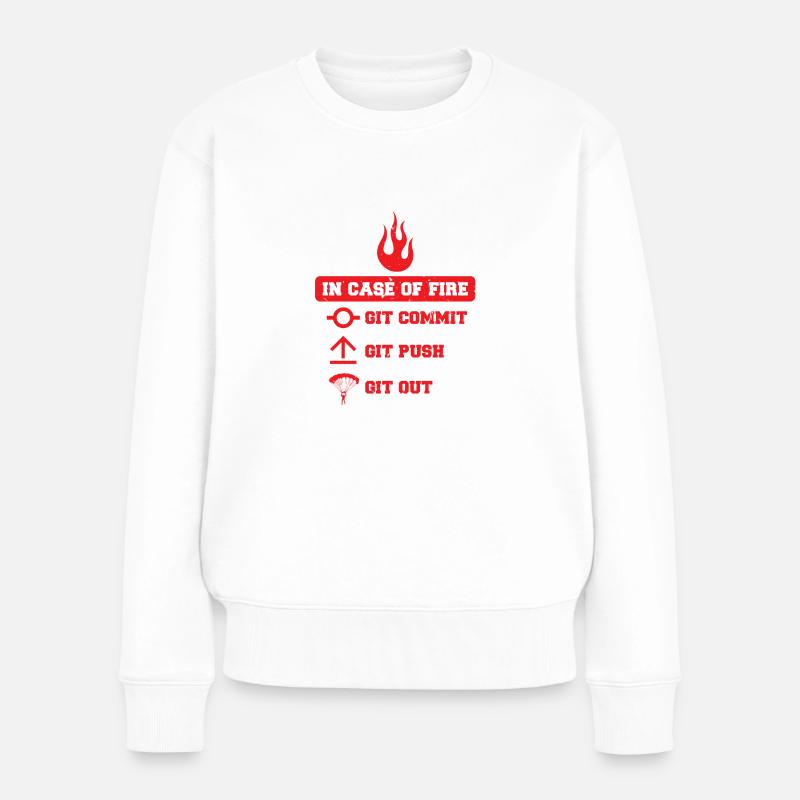 In case of fire: git commit, git push, git out - Frauen Premium Bio Pullover - Weiß