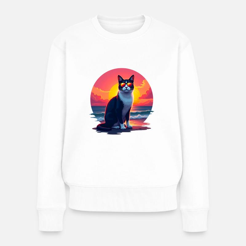 Katze am Strand - Frauen Premium Bio Pullover - Weiß
