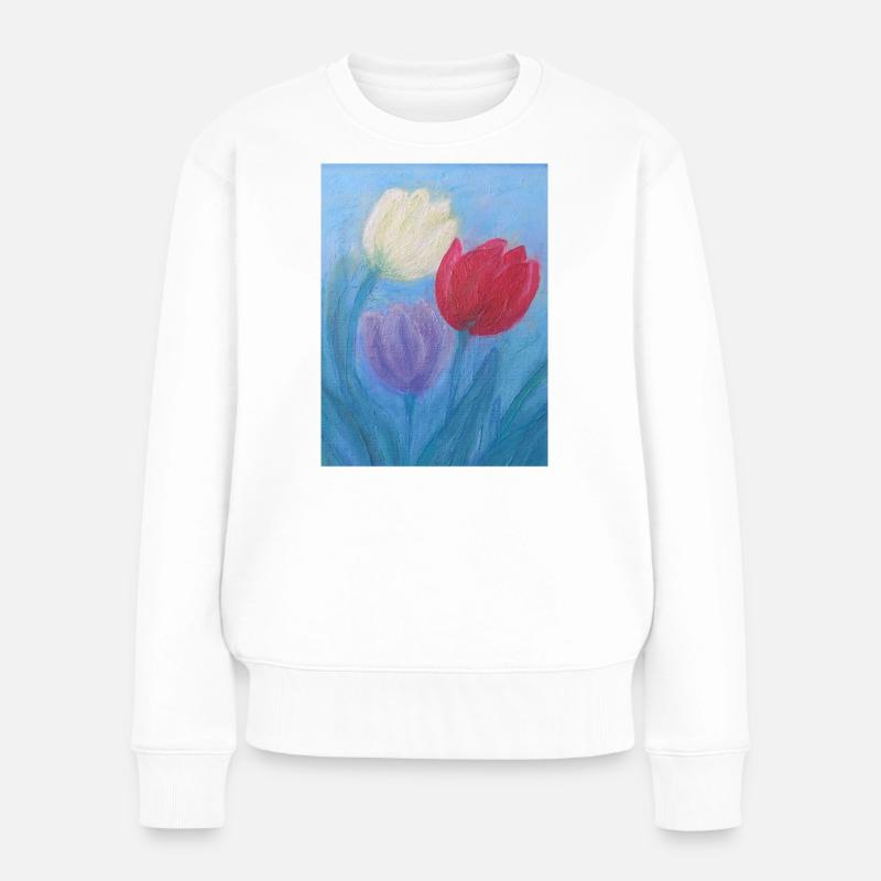 Tulpen Abstrakte Blumen aus lebendigem Acryl - Frauen Premium Bio Pullover - Weiß