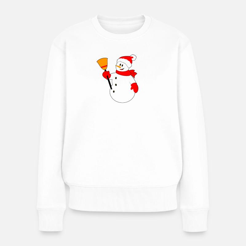 Schneemann mit Weihnachtsmütze und Besen - Frauen Premium Bio Pullover - Weiß