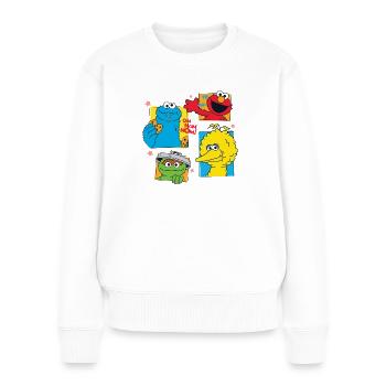 Sesamstraße Cookie, Bibo,Elmo, Oscar - Frauen Premium Bio Pullover - Weiß - Vorne - Julia (174cm)