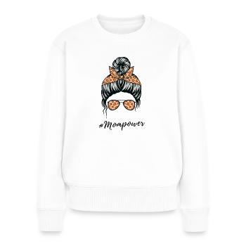 #mompower | Spruch für Mama | Mutti mit power - Frauen Premium Bio Pullover - Weiß - Vorne - Julia (174cm)