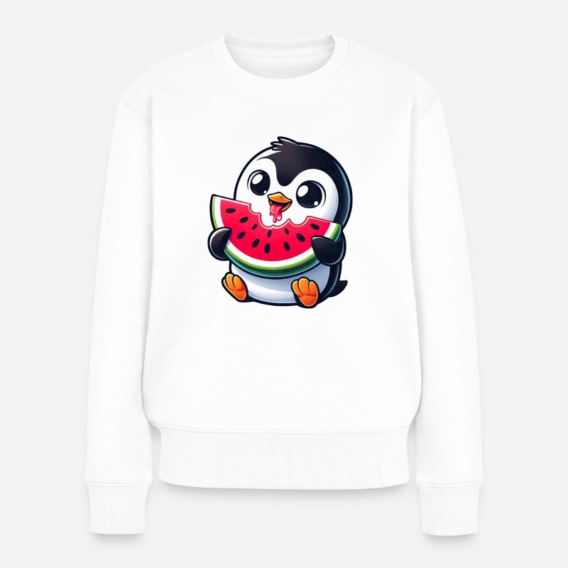 Pinguin mit Wassermelone Cartoon - Frauen Premium Bio Pullover - Weiß