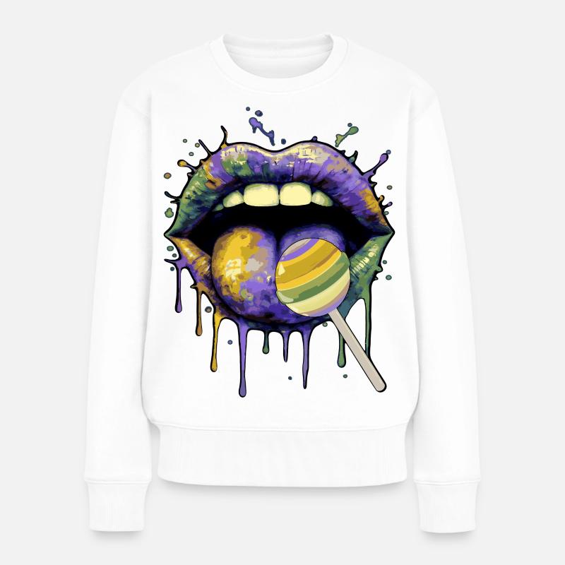 Bunte Pop-Art Lippen & Lolli - Frauen Premium Bio Pullover - Weiß