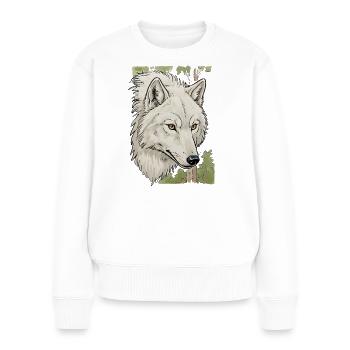 Weißer Wolfkopf im Wald - Frauen Premium Bio Pullover - Weiß - Vorne - Julia (174cm)