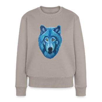 epischer Wolf Wolfskopf mit blauem Pelz - Frauen Premium Bio Pullover - Taupe - Vorne - Julia (174cm)