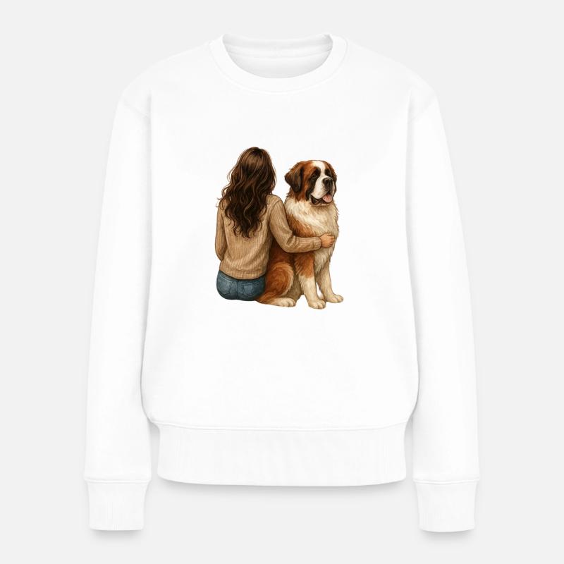 Brünette Frau mit Bernhardiner – Hundeliebe - Frauen Premium Bio Pullover - Weiß
