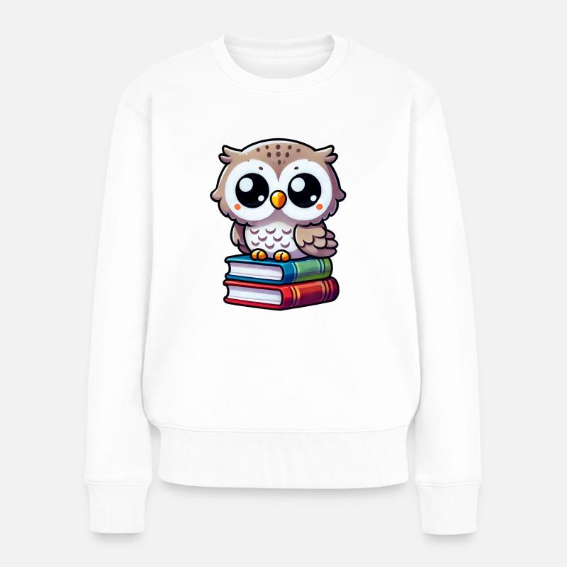 Eule auf Büchern - Frauen Premium Bio Pullover - Weiß