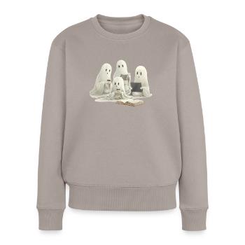 Ghost Family Books, Coffee, and Cozy Moments - Frauen Premium Bio Pullover - Taupe - Vorne - Julia (174cm)