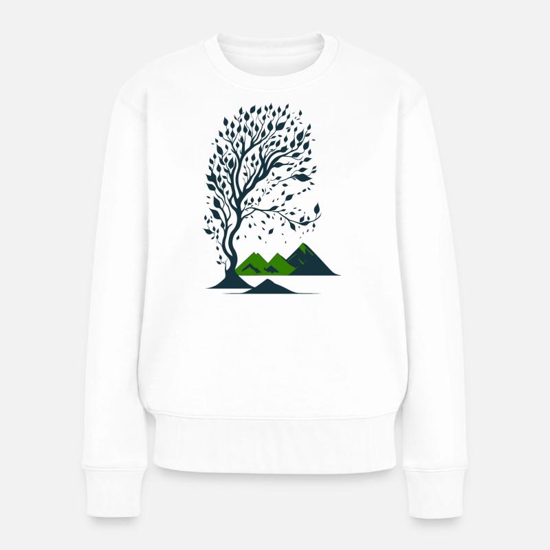 Baum und Berge minimalistisch - Frauen Premium Bio Pullover - Weiß