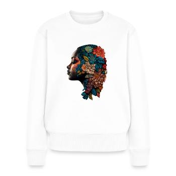 Frau mit Blumen Haaren Buntes Blumen Portrait - Frauen Premium Bio Pullover - Weiß - Vorne - Julia (174cm)