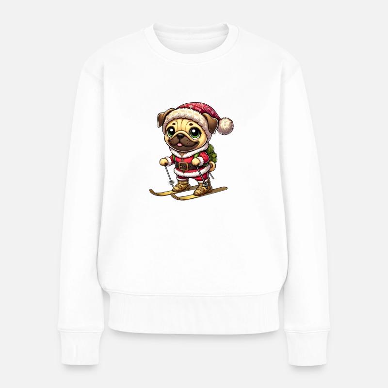 Mops auf Skiern Winter Spaß Weihnachten - Frauen Premium Bio Pullover - Weiß