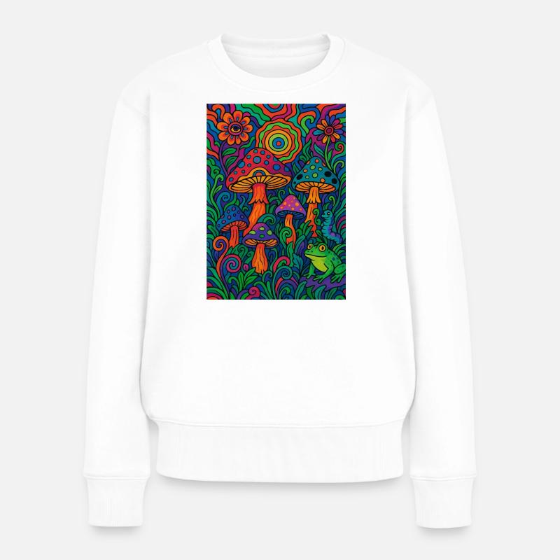 Forêt de champignons psychédéliques - Œuvres d’art rétro colorées - Pull Premium bio Femme - blanc