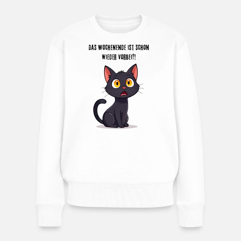 Schwarze Katze Lustiger Spruch Wochenende vorbei - Frauen Premium Bio Pullover - Weiß