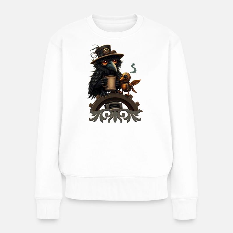 Steampunk Rabe mit Becher - Frauen Premium Bio Pullover - Weiß