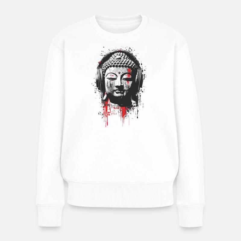 Buddha mit Kopfhörern – Urban Meditation - Frauen Premium Bio Pullover - Weiß