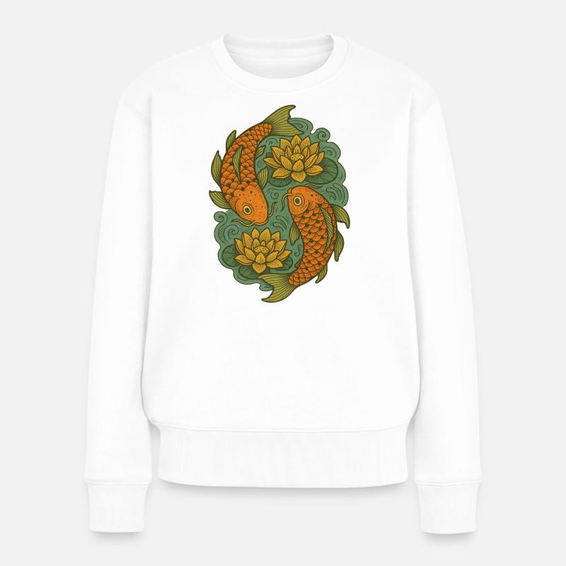 Koi- und Lotus-Kreis-Kunst - Frauen Premium Bio Pullover - Weiß