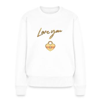Liebe Love you; Liebesschloss, Paar, Hochzeit - Frauen Premium Bio Pullover - Weiß - Vorne - Julia (174cm)