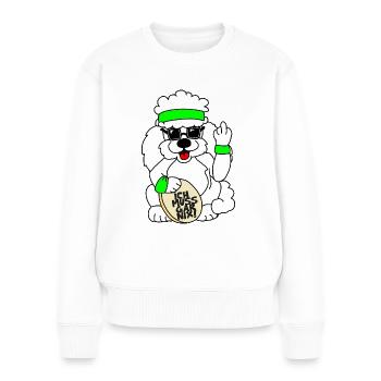 Winkepudel mit Stinkefinger "Ich muss gar nix!" - Frauen Premium Bio Pullover - Weiß - Vorne - Julia (174cm)