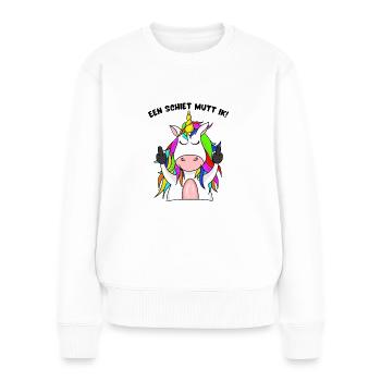 "Een Schiet mutt ik!" - Plattdeutscher Spruch - Frauen Premium Bio Pullover - Weiß - Vorne - Julia (174cm)