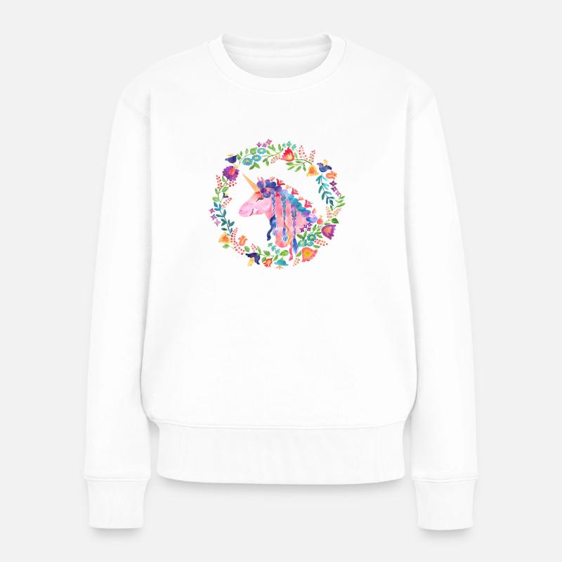 Einhorn Blumen Bunt - Frauen Premium Bio Pullover - Weiß