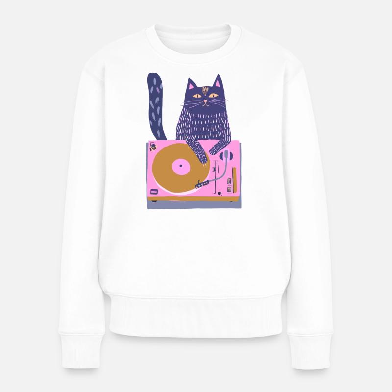 Lila DJ-Katze auf pinkem Plattenteller - Frauen Premium Bio Pullover - Weiß