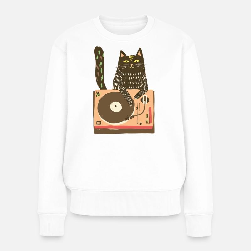 Katzen-DJ auf Vinyl-Plattenteller - Frauen Premium Bio Pullover - Weiß