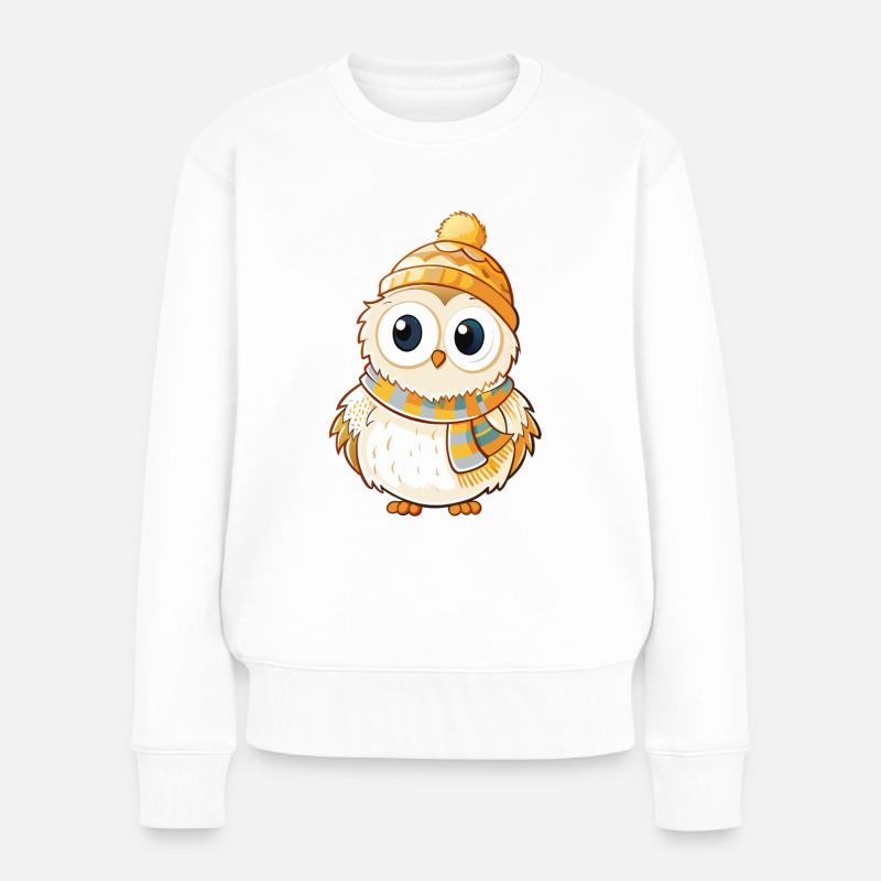 Niedliche Eule mit Schal und Pudelmütze. - Frauen Premium Bio Pullover - Weiß