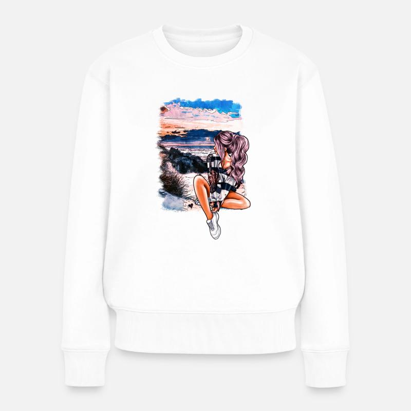 Mädchen am Strand Sommer Illustration - Frauen Premium Bio Pullover - Weiß