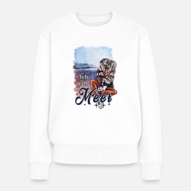 Meer Mädchen am Strand - Frauen Premium Bio Pullover - Weiß