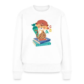 Léopard avec cône d’école pile de livres écolier - Pull Premium bio Femme - blanc - Devant - Julia (174cm)
