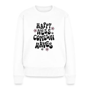 Happiness comes in Waves Spruch Trendy Retro Peace - Frauen Premium Bio Pullover - Weiß - Vorne - Julia (174cm)