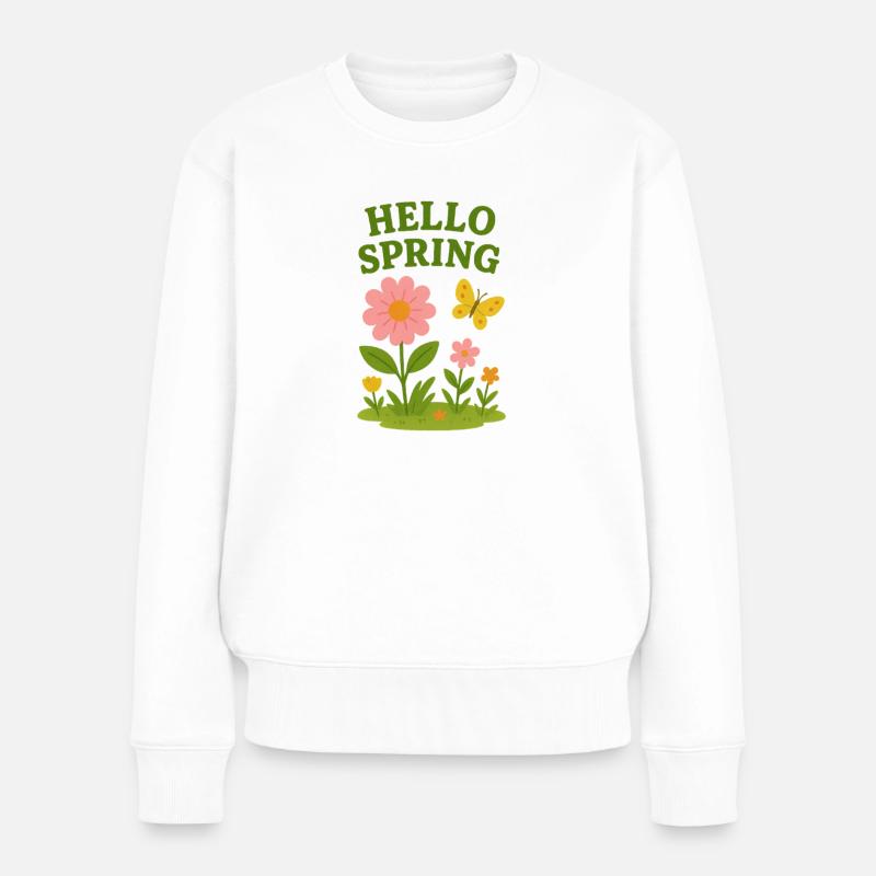 Réveil printanier avec des fleurs et un papillon - Pull Premium bio Femme - blanc