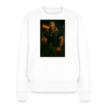 Mechanischer Biker – Blonder Krieger mit Feuerblick - Frauen Premium Bio Pullover - Weiß - Vorne - Julia (174cm)