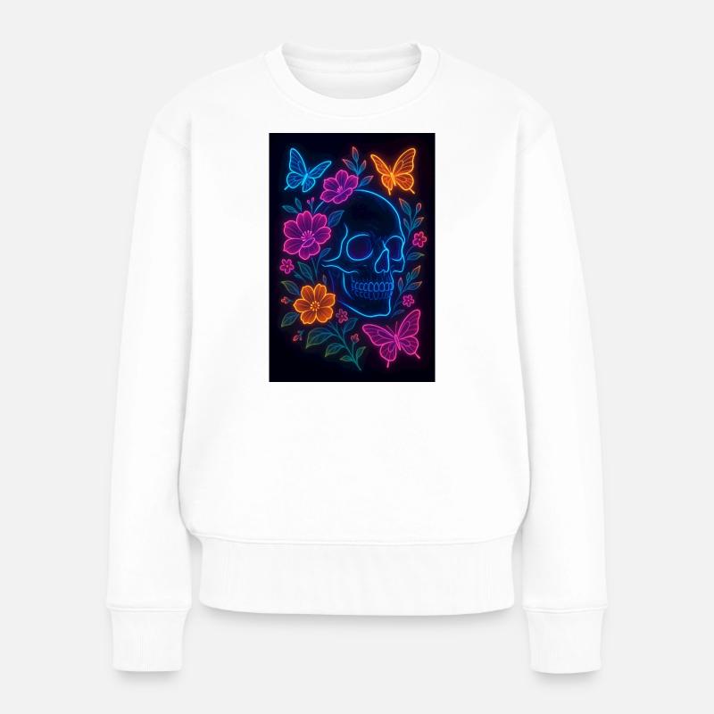 Crâne au néon avec des fleurs et des papillons - Pull Premium bio Femme - blanc