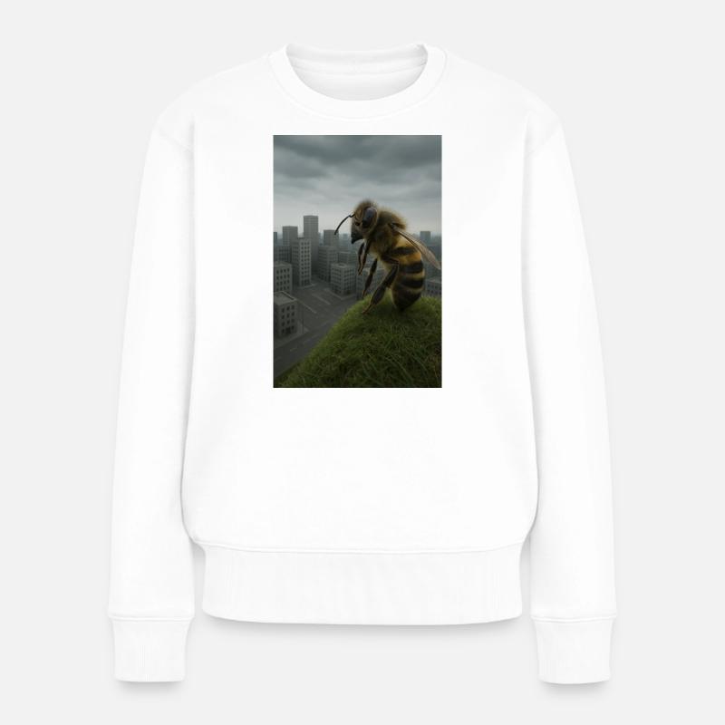 Riesige Biene über Stadtdach - Frauen Premium Bio Pullover - Weiß