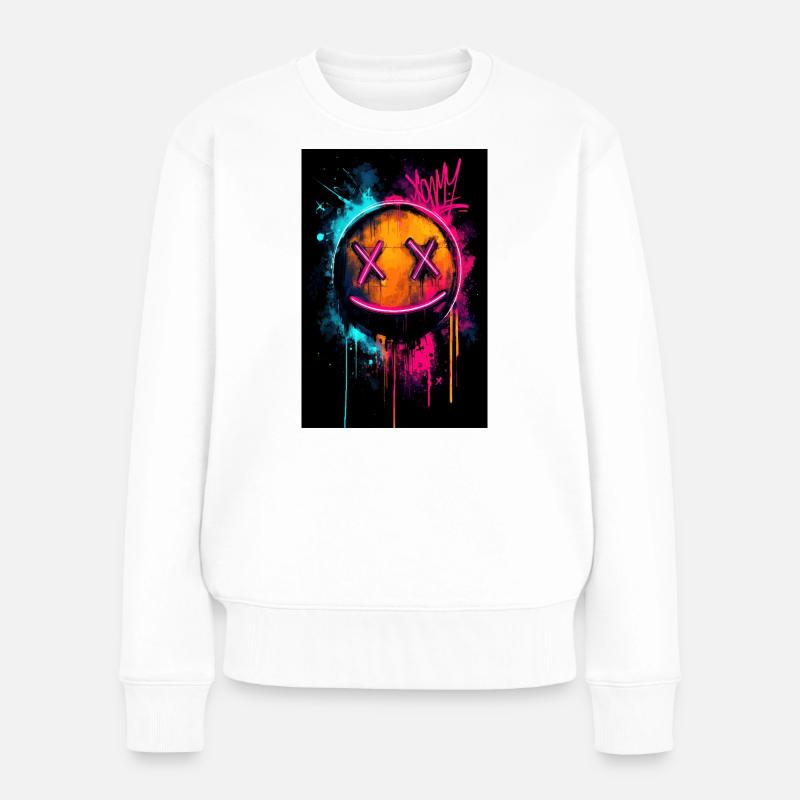 Neon-Graffiti-Smiley mit X-Augen - Frauen Premium Bio Pullover - Weiß