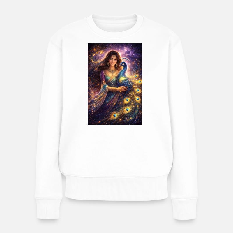 Mystische Indische Frau mit Pfau - Frauen Premium Bio Pullover - Weiß