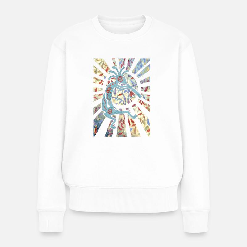 Kokopelli Musican Friend - Feathers Pattern 1 - Frauen Premium Bio Pullover - Weiß