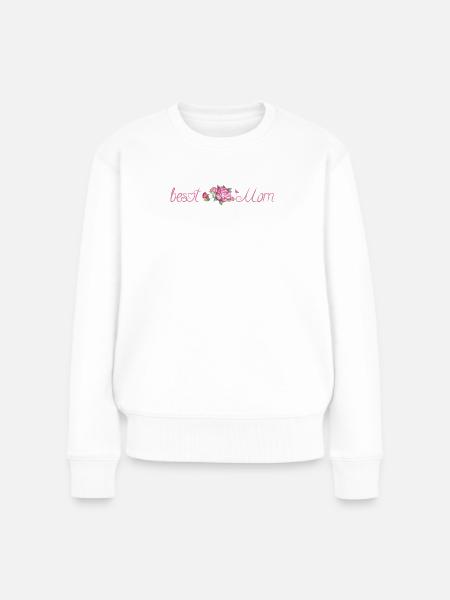 Best Mom text with pink rose and green leaves - Frauen Premium Bio Pullover - Weiß