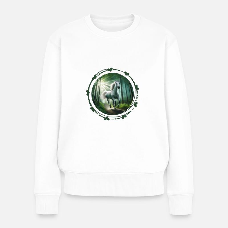 Pferde reiten Mädchen und Frauen durch den Wald - Frauen Premium Bio Pullover - Weiß
